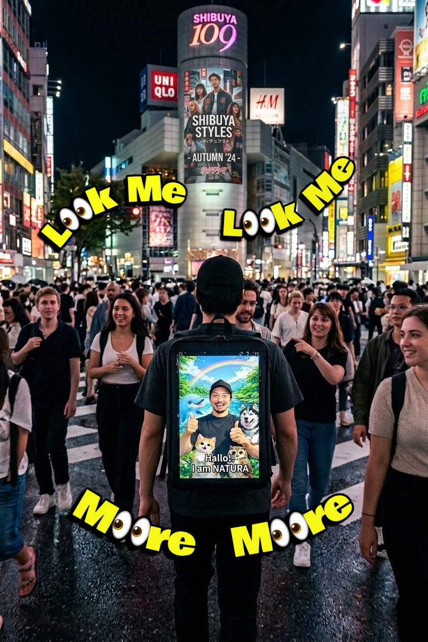 写真:夕暮れの渋谷を歩くスタッフ(背中のディスプレイが点灯)